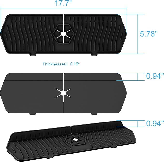 Faucet Guard - 90 Foldable Drain Mat for Kitchen & Bathroom with 2 Drain Ports (Black, 17.7"*5.66")