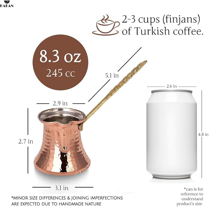 Hakan Turkish Coffee Pot | Stove Top Water Boiler, Coffee Maker, Butter, Chocolate & Milk Warmer | Even and Quick Heat with Handcrafted Copper Material | Coffee Gifts Idea, 8.3 Oz (245 cc)