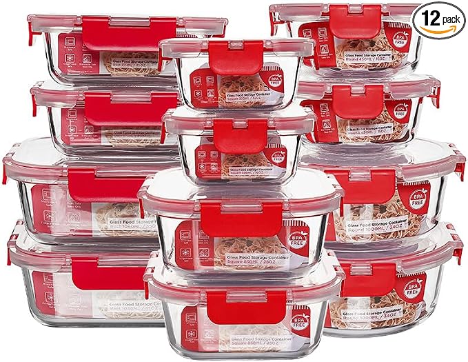 12 Pack Glass Storage Containers Transparent, Stackable Design Meal Prep Containers for Food Storage, Home, Kitchen & Pantry Organization, Microwave/Freezer/Dishwasher Safe