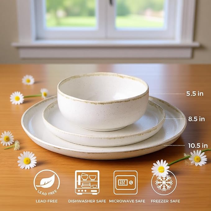 AmorArc Ceramic Dinnerware Sets, Wavy Rim Stoneware Plates and Bowls Sets, Highly Scratch Resistant | Dishwasher & Microwave Dishes set, Service for 4 (12pc)-Speckled Cappuccino)