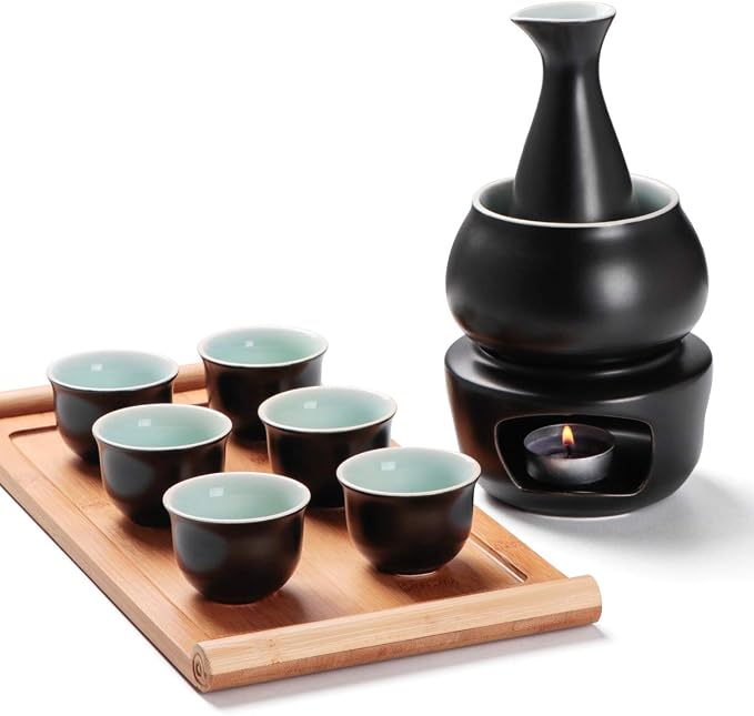 Ceramic Sake Set with Warmer Pot Tray, Stovetop Porcelain Pottery Hot Saki Drink Bottle, 10pcs Set 1 Stove 1 Warming Bowl 1 Sake Bottle 1 Tray 6 Cup Keep Sake Storage Box (Black)