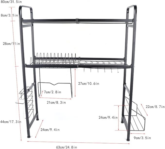 Stainless Steel Kitchen Storage Organizer Rack,Dish Drying Rack, 2 Tier Over The Sink Dish, Plate, Cup Drying Rack,Dish Drainer Storage Rack for Chicken Counter (Black)