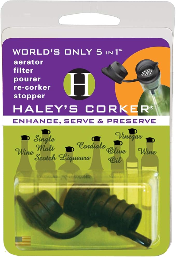 Haley's Corker 30065 5-in-1 Wine Aerator, Stopper, Pourer, Filter and Re-Corker, 5 Pack, Standard, Black