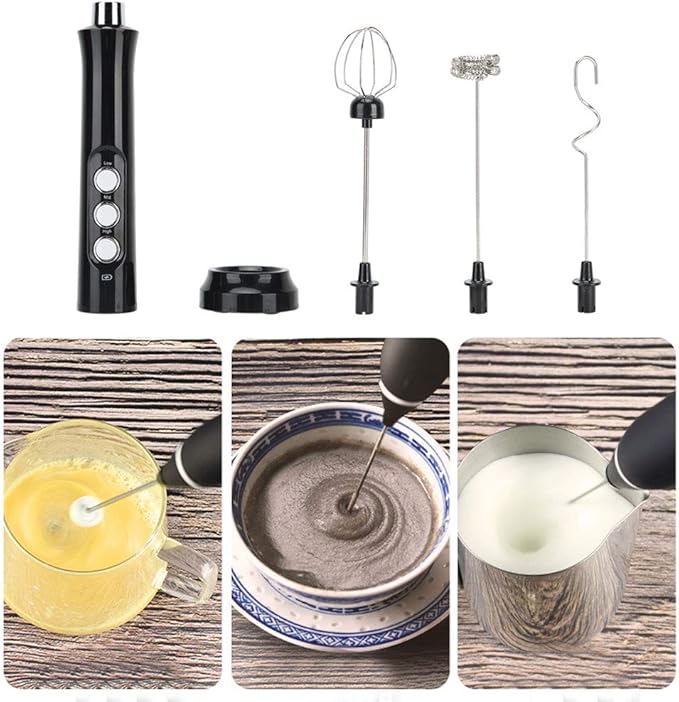 Electric Milk Frother Handheld Automatic Egg Beater USB Charging 3 Speed for Home Kitchen Black
