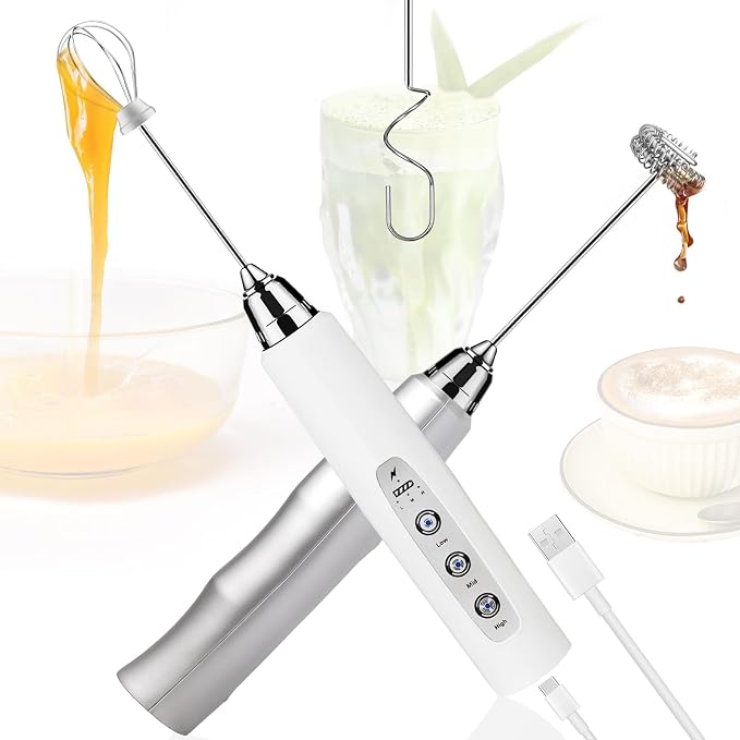 Milk Frother Rechargeable Handheld (Silver+White)