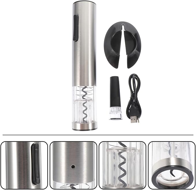 Lurrose Automatic Electric Wine Opener Rechargeable Stainless Steel Corkscrew with Vacuum Stopper and USB Charging Cable Practical Lightweight Wine Bottle Opener for Home Party and