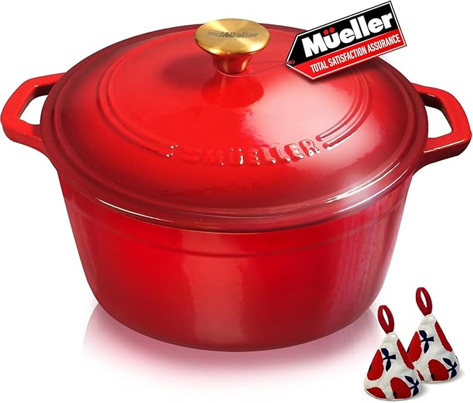 MUELLER HOME 4.5 QT Enameled Cast Iron Dutch Oven, Heavy-Duty Casserole Dish and Braiser Pan with Lid and Stainless Knob, Oven-Safe up to 500° F & Across All Cooktops, Red