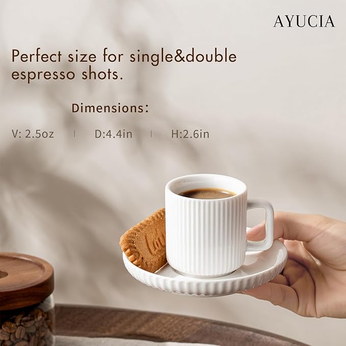 2.5OZ Mini Espresso Cups Set of 4, White Cream Ceramic Demitasse Espresso Mugs with Saucers, Small Coffee Cups for Single/Double Espresso Shots