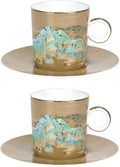 KAMMAK Tea Cups and Saucers Set of 2, Porcelain Coffee Cups, Stackable Espresso Mugs, Ceramic Demitasse for Coffee, Cappuccino, Latte, Americano, Tea, Small - River and Mountains