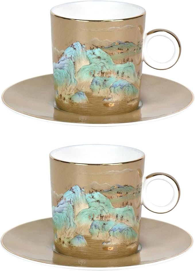 KAMMAK Tea Cups and Saucers Set of 2, Porcelain Coffee Cups, Stackable Espresso Mugs, Ceramic Demitasse for Coffee, Cappuccino, Latte, Americano, Tea, Small - River and Mountains