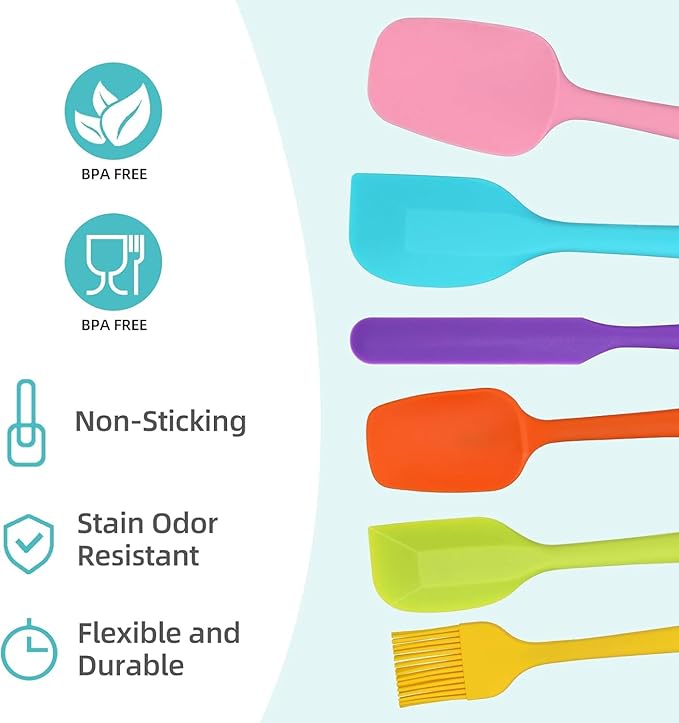 Spatulas Set of 6, Food Grade Silicone Spatulas Rubber Heat Resistant, Stainless Steel Core, Kitchen Utensils Nonstick for for Cooking, Baking and Mixing (Black) (colorful)