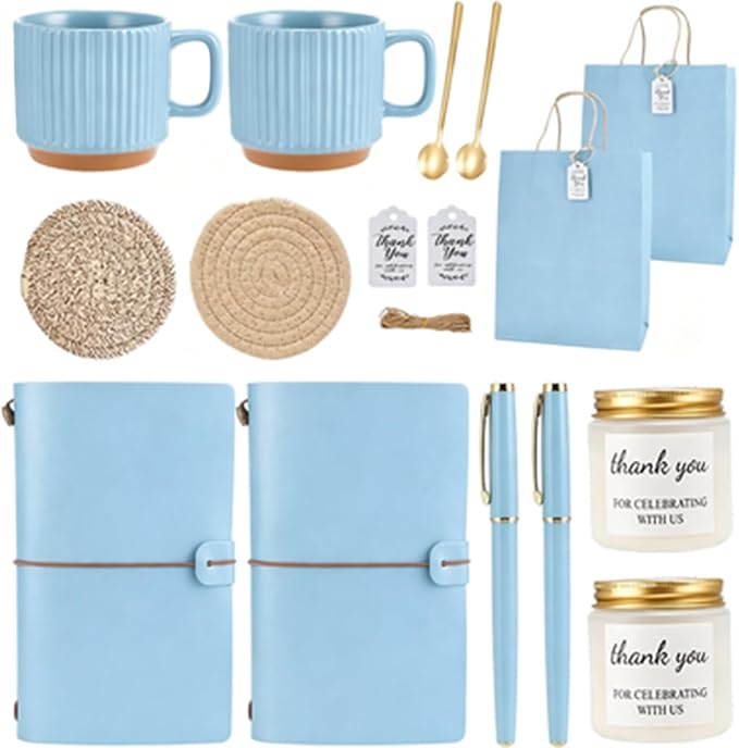 Baby Shower Prizes for Game Winners Baby Shower Games Prizes Ceramic Mugs with Metal Spoons Woven Coasters Notebooks Scented Candles Gift Bags Wedding Bridal Shower Favors for Guests (4, Blue)