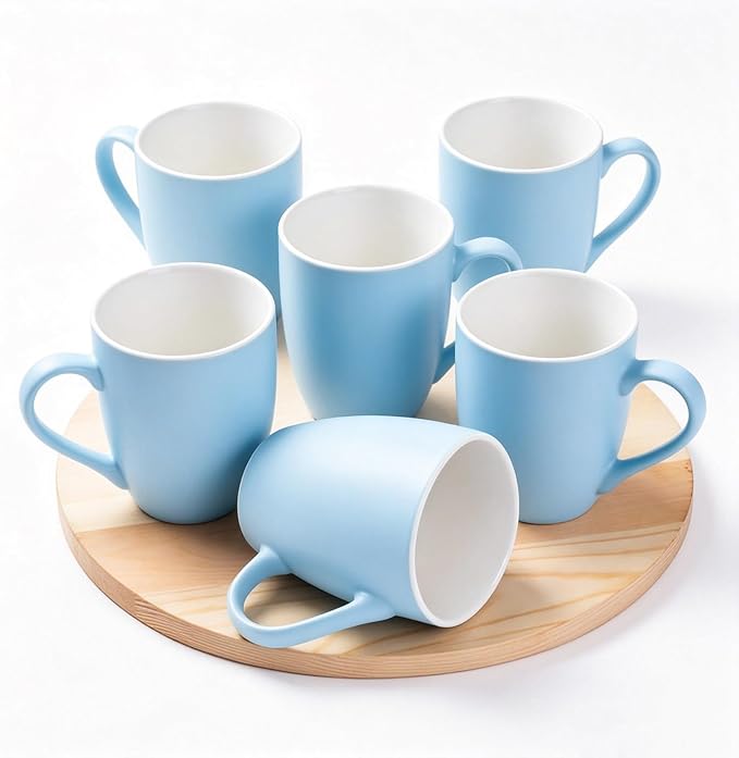 Coffee Mugs Set of 6, 12oz Ceramic Coffee Mugs with Handle, Matte Porcelain Coffee Mug for Latte, Tea, Cocoa, Cappuccino, Cups for Women Men for Home Restaurant Mug (Blue)