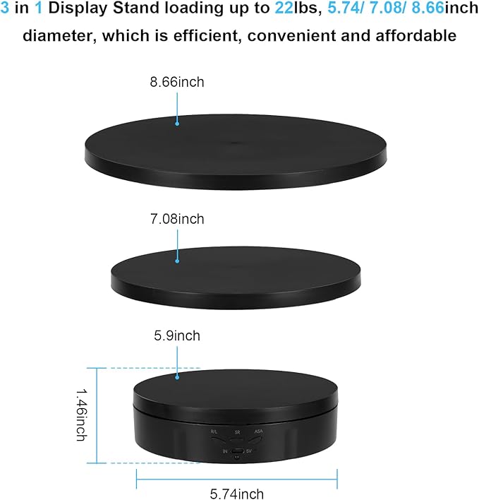 Remote Motorized Rotating Display Stand, Electric Rotating Platform with 5.74/7.08/8.66in Replacement Covers, 3 in 1 Turntable with Rechargeable Battery for Live Streaming Video Shoot Photography