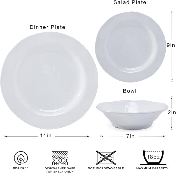 LEHAHA Basic White Melamine Dinnerware Sets, 18 Piece melamine dishes set, Service for 6, Plates and Bowls Sets Great for Indoor and Outdoor Use, Dishwasher safe…