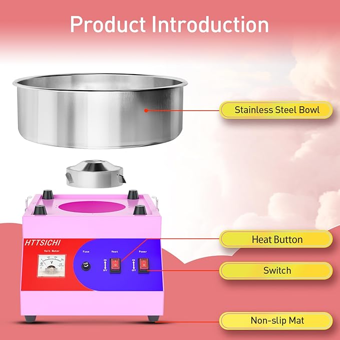 Cotton Candy Machine - Cotton Candy Machine Commercial w/ 15 inch Stainless Steel Bowl, Sugar Scoop, Cotton Candy Maker for Home, Party, 1000W Hard Candy Cotton Candy Maker for Birthday