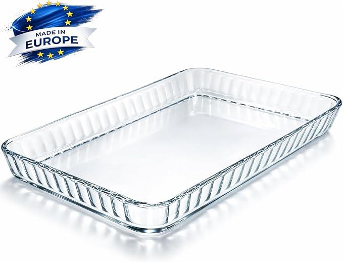 4-Piece Ums 4-Qt (16" x 11" x 2") Glass Baking Dishes for Oven, Glass Oven Pan & Tray Bakeware, Borosilicate Glass Casserole Dish Cookware, Microwave & Oven-Safe Clear Bakeware