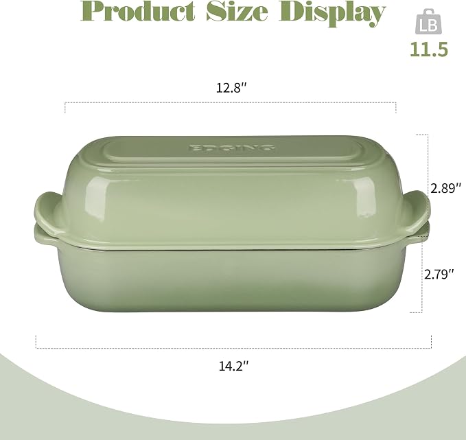 EDGING CASTING Enameled Cast Iron Loaf Pan with Lid, Bread pan, Dutch Oven Bread pan for Homemade Sourdough Bread Baking, 12.5x5.5 inch, 5qt, Pistachio Green