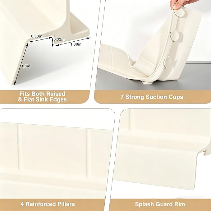 Sink Splash Guard with Suction Cups, 23", Silicone Water Guard for Kitchen & Bathroom, Faucet & Countertop Protector, Easy Install, Dishwasher Safe, Cream