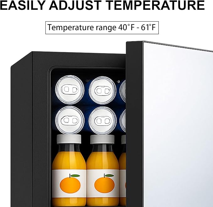 7 Temp Control 24 Can Mini Fridge, 0.95 Cu.Ft Beverage Cooler for Soda, Beer, Wine, Beauty Products, Mirrored Door Compact Refrigerator for Bedroom, Dorm, Office, Storage