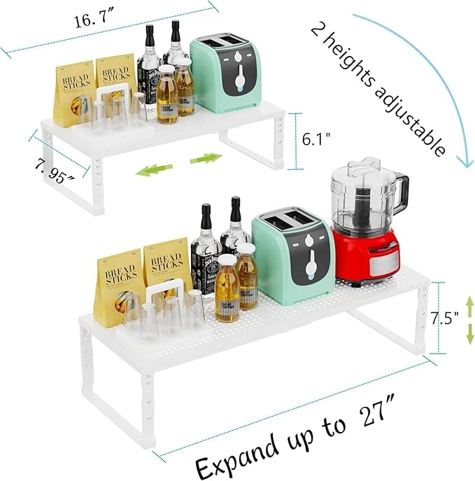 Jojocross Expandable Cabinet Shelf Organizer Storage Spice Rack Shelves for Kitchen Stackable Adjustable Pantry Cupboard Bathroom Countertop Desktop(2Packs/White/Medium-with Hole)