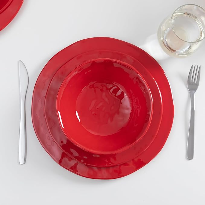 LEHAHA Red Melamine Dinnerware Sets, 18-Piece Melamine Dishes Set, Lightweight and Chip Resistant, Durable Plates and Bowls Set, Safe for Daily Use, Dishwasher Safe, Service for 6