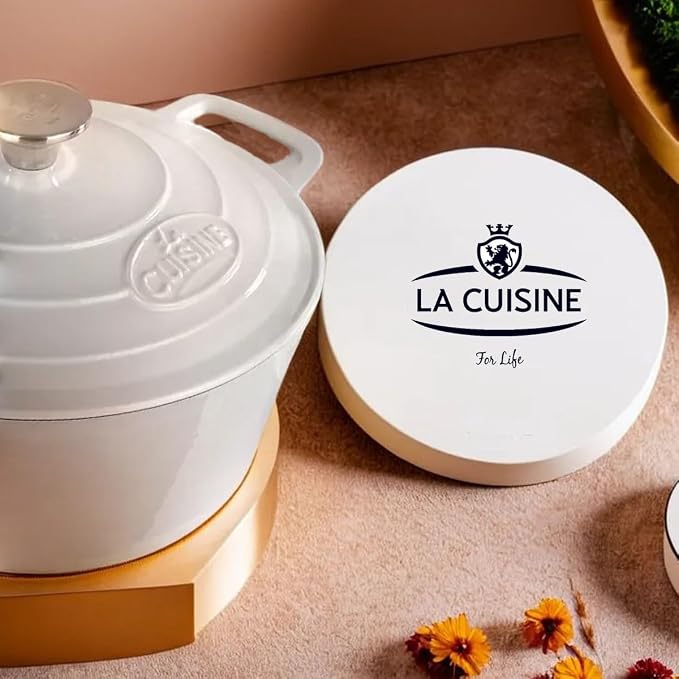 La Cuisine Enameled Cast Iron Dutch Oven Casserole Dish Pot with Lid 5 QT 10.3" /26cm Cream White Enamel Coating Interior, White Enamel Coating Exterior, Oven Safe up to 500° F