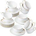 BTaT- Cappuccino Cups with Saucers 7 oz, Set of 12, White Porcelain Coffee Cup and Saucer Set for Latte with Golden Trim Design, Dishwasher Safe, Mocha, Tea, Au Lait, Flat White