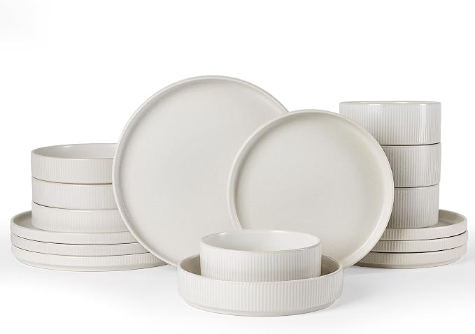 Famiware Star Dinnerware Set with Pasta Bowls, Service for 4 (16pcs), Ribbed Stoneware Plates and Double Bowls Dishes Sets - Chip & Scratch Resistant, Microwave & Dishwasher Safe, Matte White