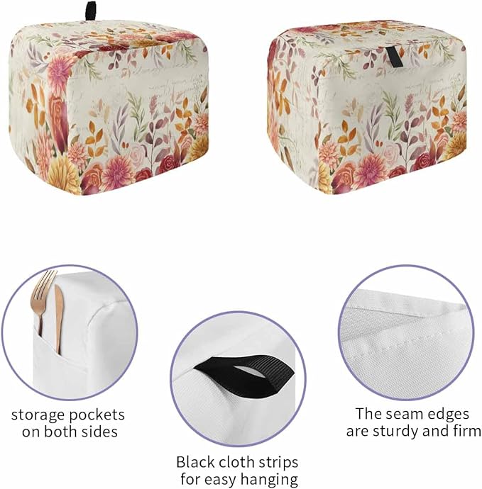 Red Orange Floral Fall Toaster Cover 2 Slice, Thanksgiving Eucalyptus Leaves Dustproof Bakeware Oven Protector with Top Hook, Rustic Waterproof Small Kitchen Appliance Toasters Dust Cover, 12"x7.5"x8"