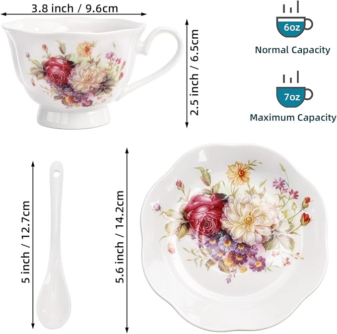 Foraineam Floral Tea Cup with Saucers and Spoons Set of 6 - Coffee Cups and Saucers with Gold Trim - 6 oz Porcelain Ivory Latte Cup and Espresso Mug for Coffee Drinks and Tea