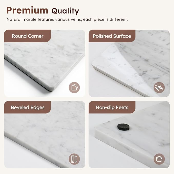 Diflart Natural Marble Stone Cutting Board for Kitchen, 16x20inch, Carrara White, Marble Slab with Non Slip Feets for Pastry, Cheese, Charcuterie, Baking, Rolling Dough, Chocolate Tempering