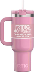 RTIC 40 oz Road Trip Tumbler Double-Walled Cermaic Lined Insulated Stainless Steel Portable Travel Coffee Mug Cup with Lid, Handle and Straw, Dusty Rose Glitter