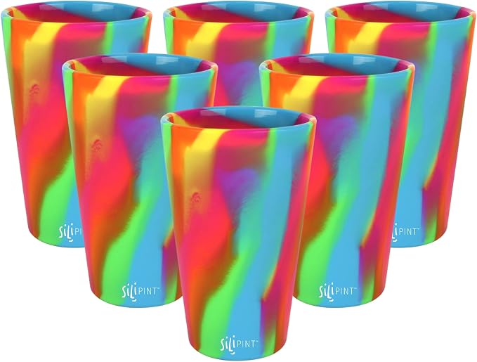 Silipint Silicone Pint Glasses, Unbreakable & Reusable 16-Ounce Silicone Cups for Indoor & Outdoors, Hippy Hop, Pack of 6