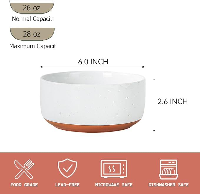 GZG 6 Inch Ceramic Cereal Bowls Set of 4, 28oz Large Soup Salad Pasta Bowls, Porcelain Oatmeal Bowl for Kitchen, Microwave & Dishwasher Safe