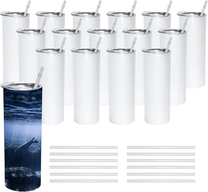 AGH 50 Pack Sublimation Tumblers Blank 20 OZ Straight Skinny Tumbler with Straw, Stainless Steel Double Wall Insulated Tumbler for Tumbler Press Machine