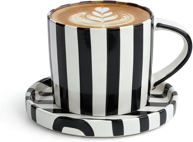 Festive Red and White Striped Ceramic Coffee Mug and Saucer Set, 200ml Latte & Tea Cup Gift for Holidays (Black)