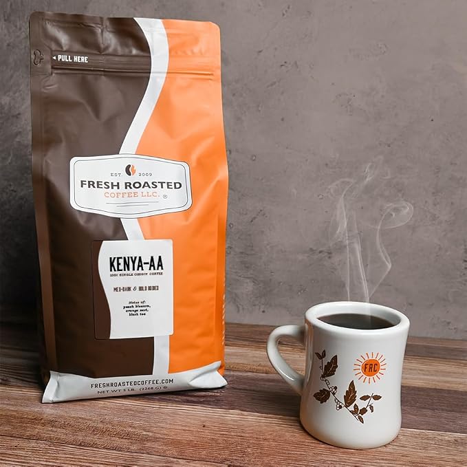 Fresh Roasted Coffee, Kenya AA Whole Bean Coffee, Med-Dark Roast, Kosher, 5 lb (80 oz)
