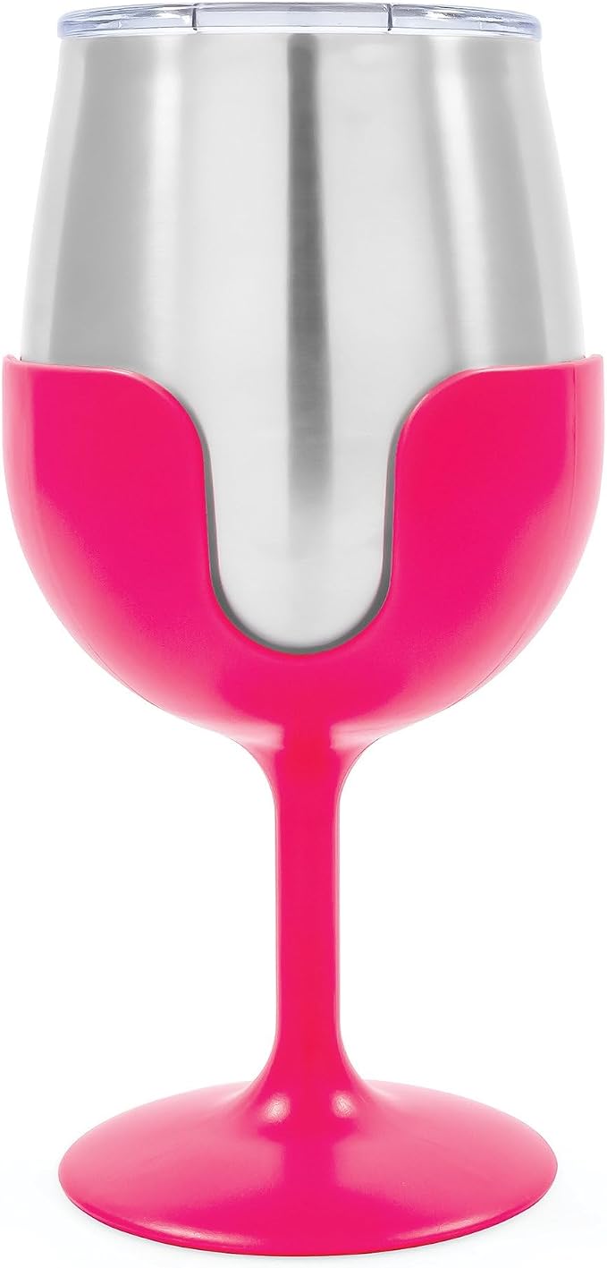 Camco Life is Better at The Campsite 8 oz Wine Tumbler 2 Pack - Heavy Duty Double Wall Vacuum Insulation - Crafted of 18/8 Stainless Steel - Features Removable Blue & Pink Stems (51915)