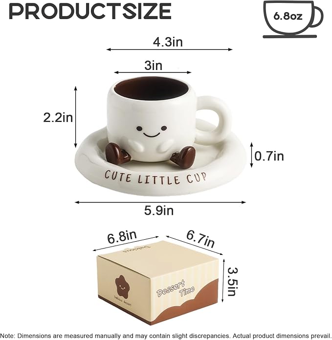 Ceramic Coffee Mug with Saucer Set, 6.8oz Cute 3D Ceramic Mug with Saucer, Face Tea Cup Espresso Cups for Coffee Tea Hot Chocolate, Microwave & Dishwasher Safe (White)