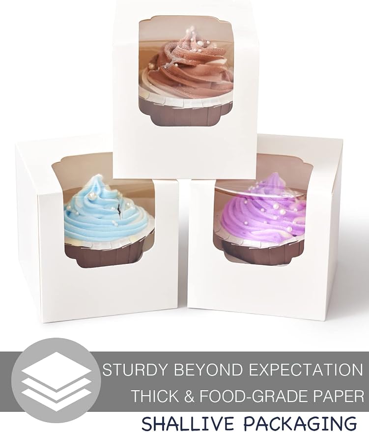 White Cupcake Boxes Individual 15 Count Pre-Assembled with Window and Inserts, Individual Cupcake Containers Auto-Popup for Wedding Baby Shower Mothers Day Birthday 3.5" x 3.5" x 3.5"