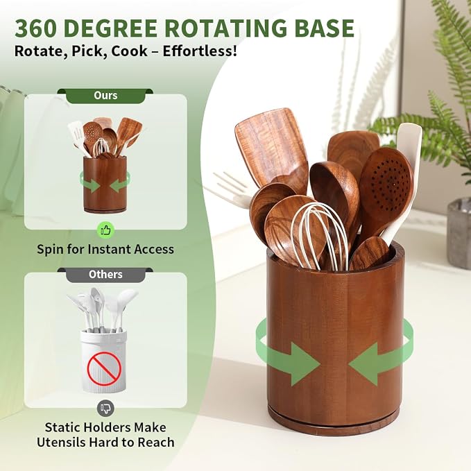 Wooden Utensil Holder, 360°Rotating 7.3'' Large Utensil Holder for Kitchen Counter, Kitchen Utensil Organizer, Utensil Crock, Farmhouse Kitchens Countertop Decor, Walnut-finish