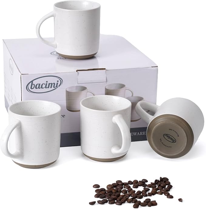 Bacimi® - Coffee Mugs Set of 4 - Stoneware Mugs 13.5oz - Ceramic Coffee Cups with Handle - Large Coffee Mug for Cappuccino, Latte & Hot Beverages - Eggshell White