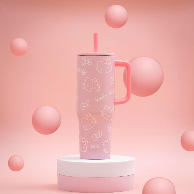 Zak Designs Sanrio Sutton Travel Tumbler for On the Go, 30oz Stainless Steel with Vacuum Insulation, Silicone Straw, and Carry Handle for Cold Drinks (Hello Kitty)