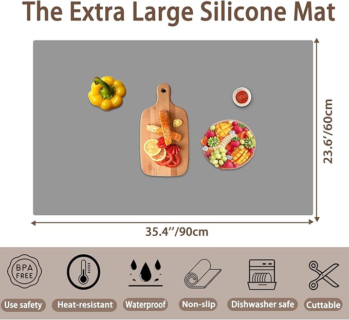 35.4''x23.6''(90cmx60cm) Extra Large Silicone Mat for Kitchen Counter, 1.4MM Thick Non-Slip Heat Resistant Countertop Protector, Waterproof Durable Kitchen Mat for Countertops, Islands (Black)