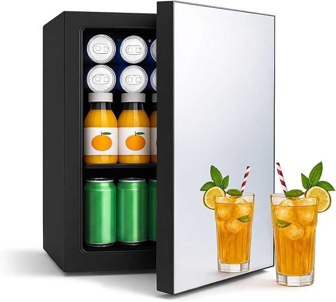 7 Temp Control 24 Can Mini Fridge, 0.95 Cu.Ft Beverage Cooler for Soda, Beer, Wine, Beauty Products, Mirrored Door Compact Refrigerator for Bedroom, Dorm, Office, Storage