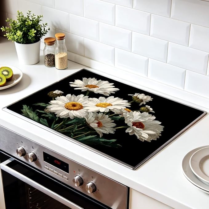 Stove Top Cover for Electric Stove 28.4 x 20.5 Inch Non Slip Stove Mat Oil Proof White Daisy Glass Cooktop Protector Kitchen Counter Mat