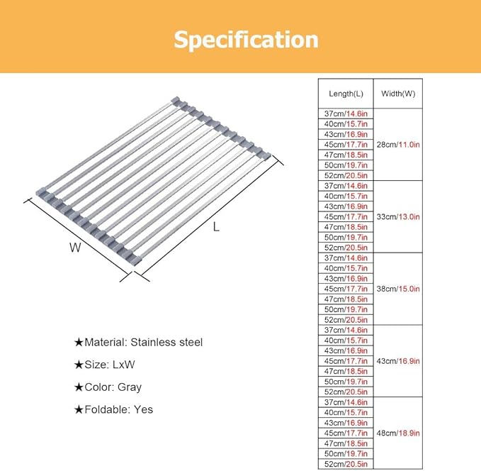 37/40/43/45/47/50/52 CM Collapsible Roll up Dish Drying Rack, Over The Sink Square Tubes Foldable Stainless Steel Drainer for Kitchen(Gray,47x33cm/18.5x13.0in)