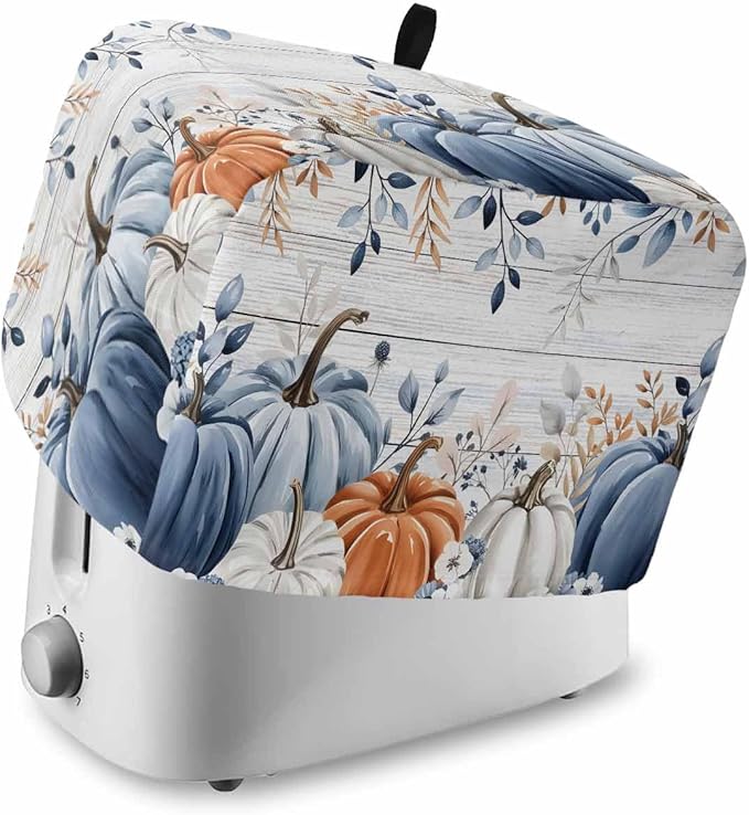 Blue Pumpkins Fall Toaster Cover 4 Slice, Thanksgiving Eucalyptus Leaves Dustproof Bakeware Oven Protector with Hook, Rustic Wooden Waterproof Small Kitchen Appliance Toasters Dust Cover, 12"x11"x8"