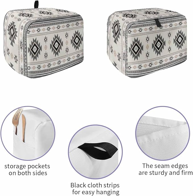 Gray Beige Boho Toaster Cover 2 Slice, Ethnic Tribe Vintage Dustproof Bakeware Oven Protector with Top Hook, Southwestern Waterproof Small Kitchen Appliance Toasters Dust Cover, 11"x6"x8"